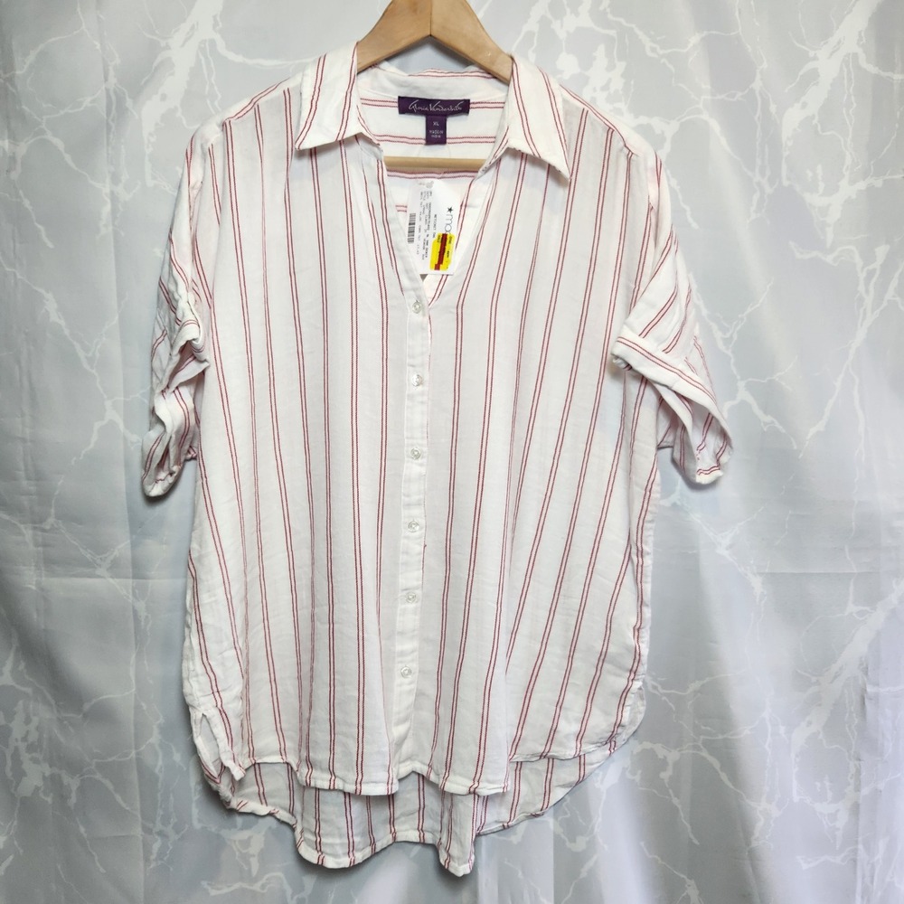 Gloria Vanderbilt Demi‎ Short-Sleeve Striped Button Shirt Women's XL White & Red